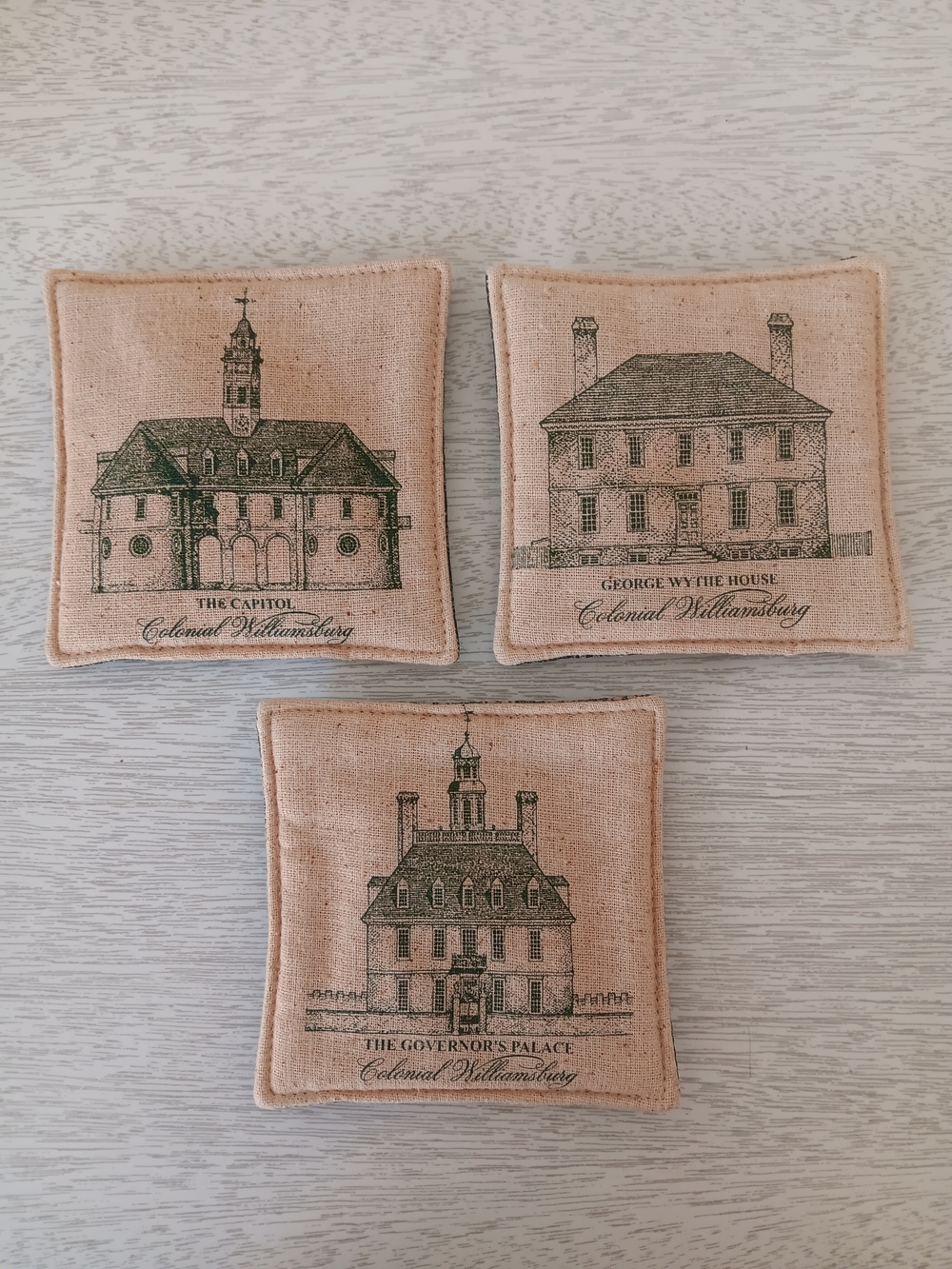 Vintage Colonial Williamsburg Natural Linen Architectural Print Sachets Set of 3